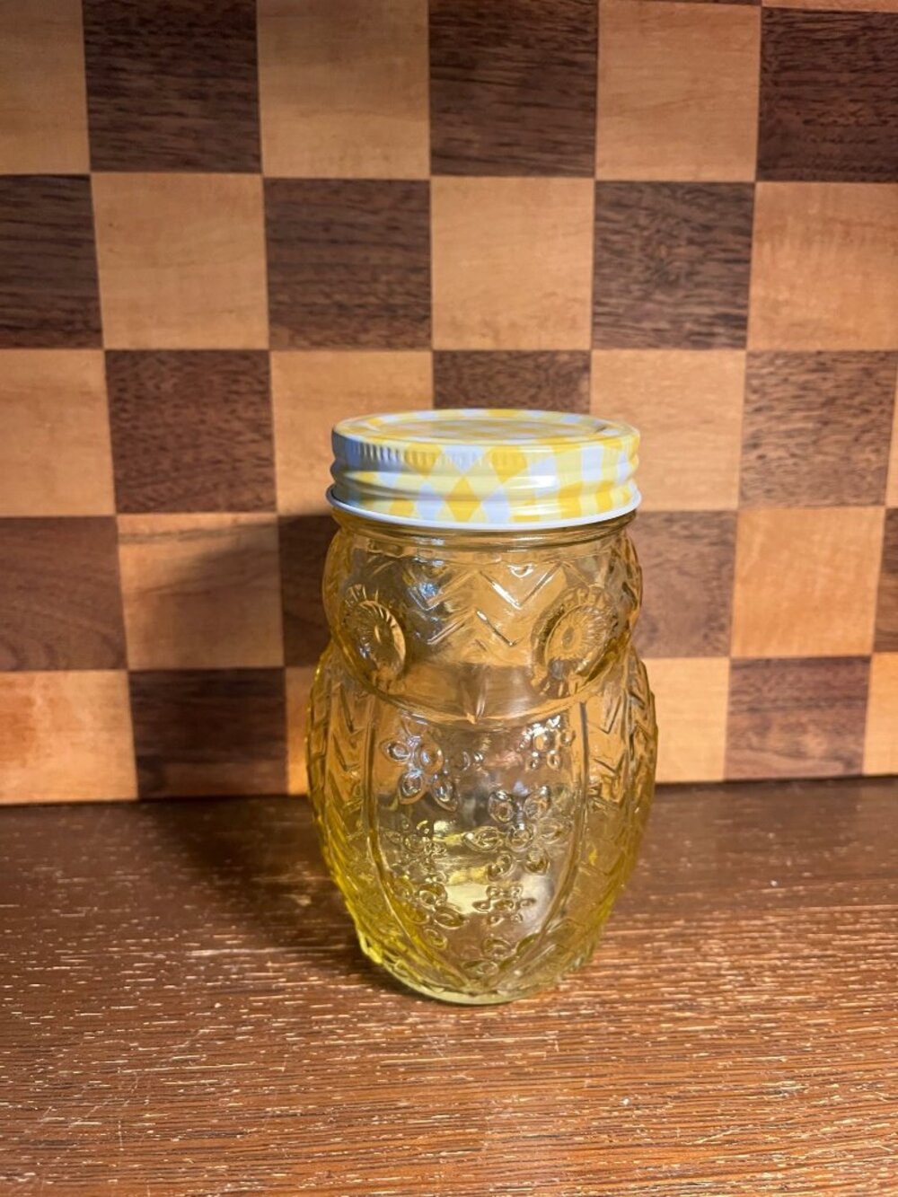 Yellow Owl Jar with Gingham Lid A540